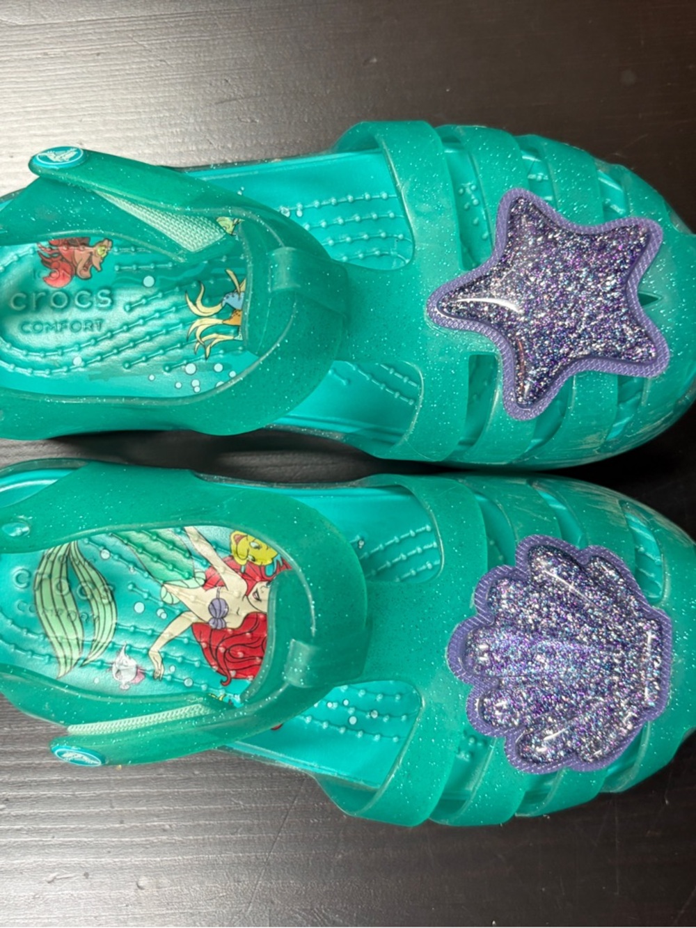 CROCS Kids Teal Glitter Jelly Sandals with Purple Sparkle Star & Shell Charms